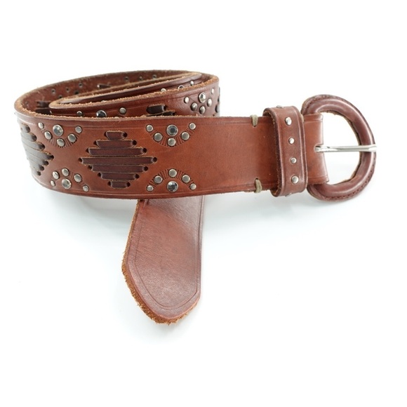 Abercrombie & Fitch Sz S/M Brown Leather Belt Studs Rhinestones Bling Boho Lace - Picture 1 of 12